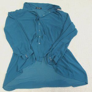Miss Lili Women's Medium Loose Fitting Flowy Teal Button Up Long Sleeve Blouse